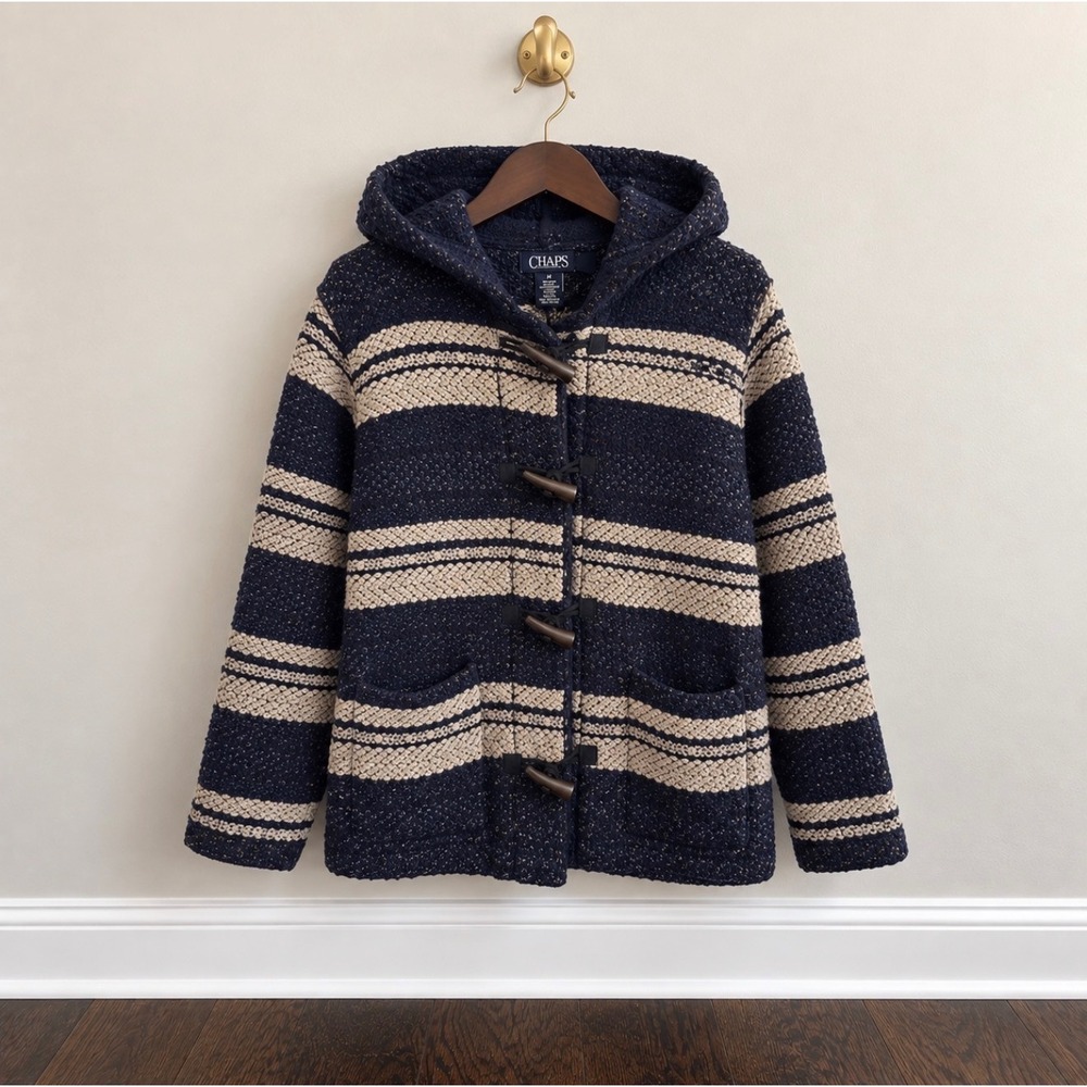 Chaps Navy Blue Cream Striped Toggle Hooded Cardigan Sweater Large